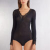 Body de manga comprida em modal ultraleve com caxemira e renda Body de manga comprida em modal ultraleve com caxemira e renda