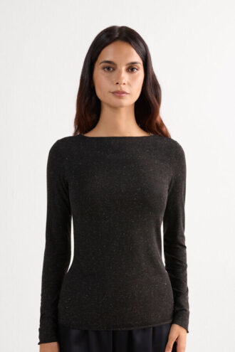 Camisola com gola redonda em modal leve com lamé de caxemira