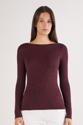 Camisola com gola redonda em modal leve com lamé de caxemira
