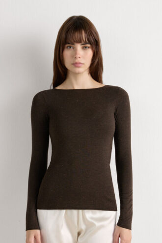 Camisola com gola redonda em modal leve com lamé de caxemira