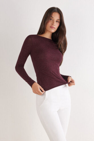 Camisola com gola redonda em modal leve com lamé de caxemira