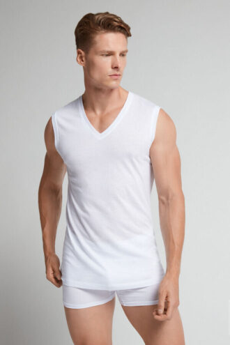 Camisola sem mangas com decote em V em algodão extrafino superior
