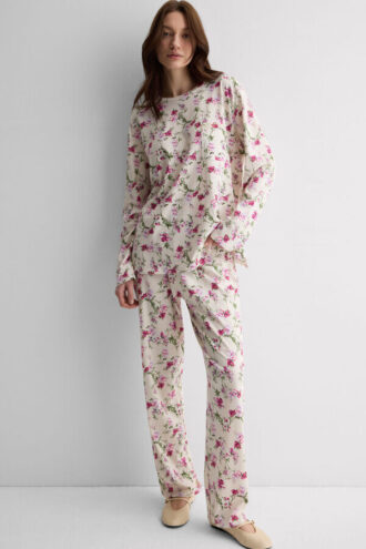 Pijama comprido em algodão superior com estampado Pretty Flowers