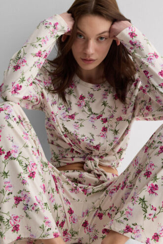 Pijama comprido em algodão superior com estampado Pretty Flowers