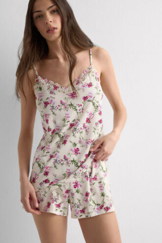 Pijama curto em algodão superior com estampado Pretty Flowers e camisola