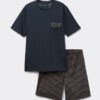 Pijama curto em tecido xadrez azul e creme e algodão Pijama curto em tecido xadrez azul e creme e algodão