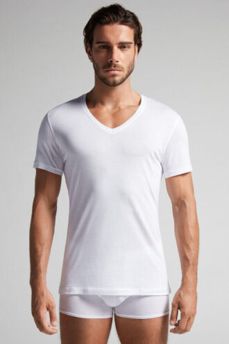 T-shirt com decote em V em algodão extrafino superior