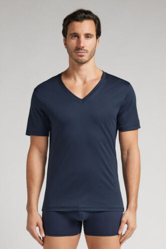 T-shirt com decote em V em algodão mercerizado premium