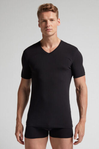 T-shirt com decote em V em algodão superior elástico