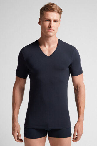 T-shirt com decote em V em algodão superior elástico