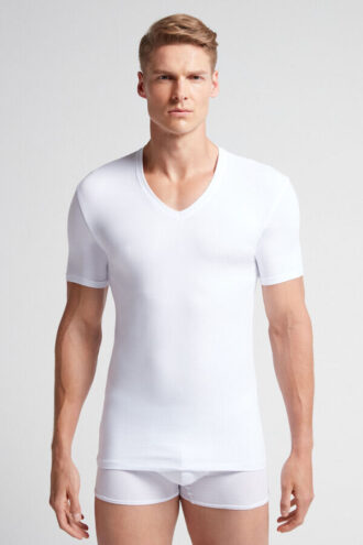 T-shirt com decote em V em algodão superior elástico