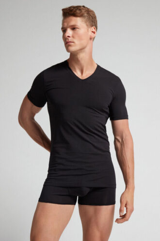 T-shirt com decote em V em algodão superior elástico