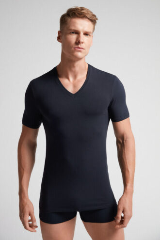 T-shirt com decote em V em algodão superior elástico