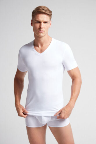 T-shirt com decote em V em algodão superior elástico