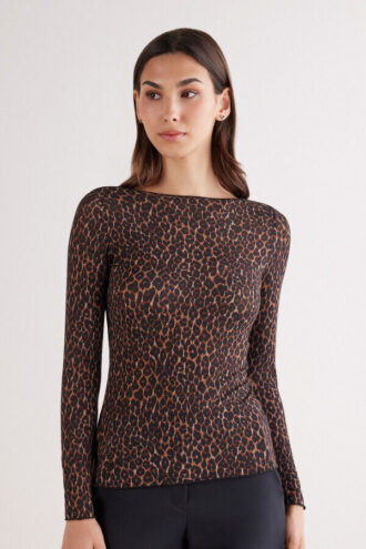Top de manga comprida com estampado leopardo em modal ultraleve com caxemira