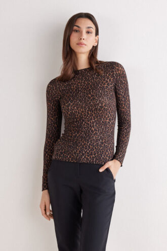 Top de manga comprida com estampado leopardo em modal ultraleve com caxemira